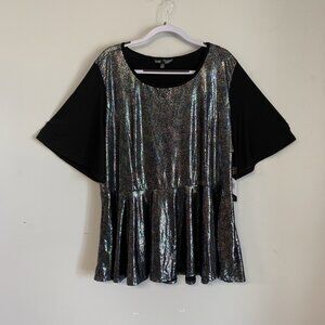 NWT LulaRoe Black & Silver Glittery Short Sleeve Peplum Top Size 3X
